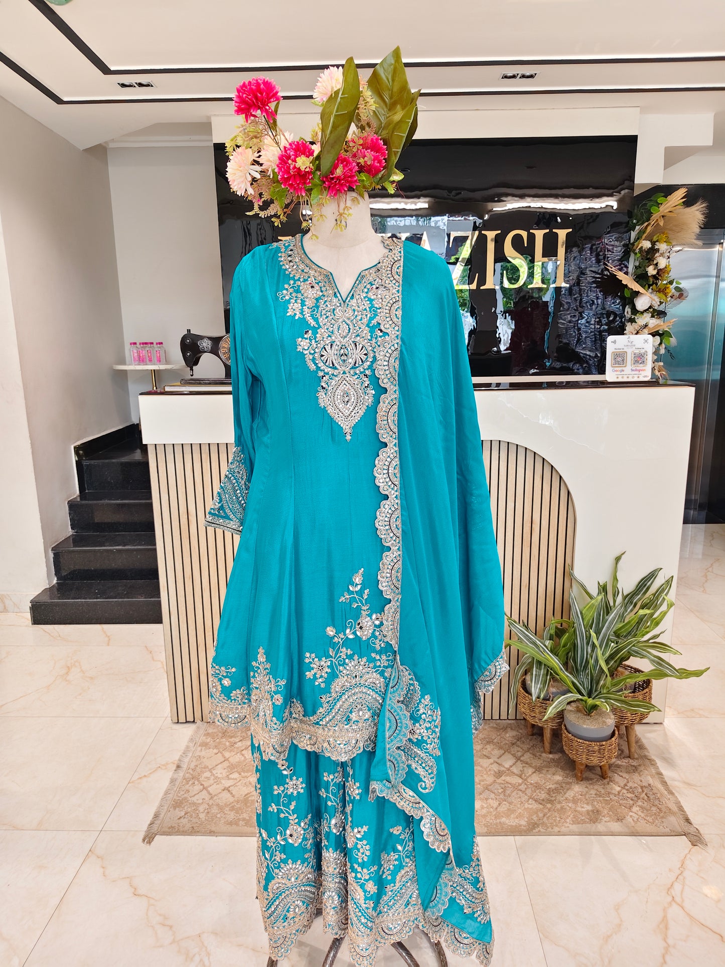 Teal Blue Chinon Sharara Set
