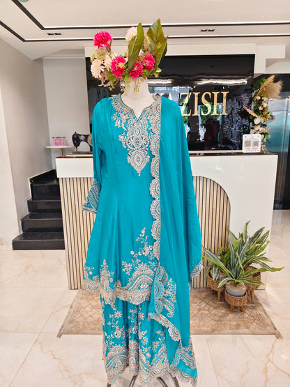 Teal Blue Chinon Sharara Set