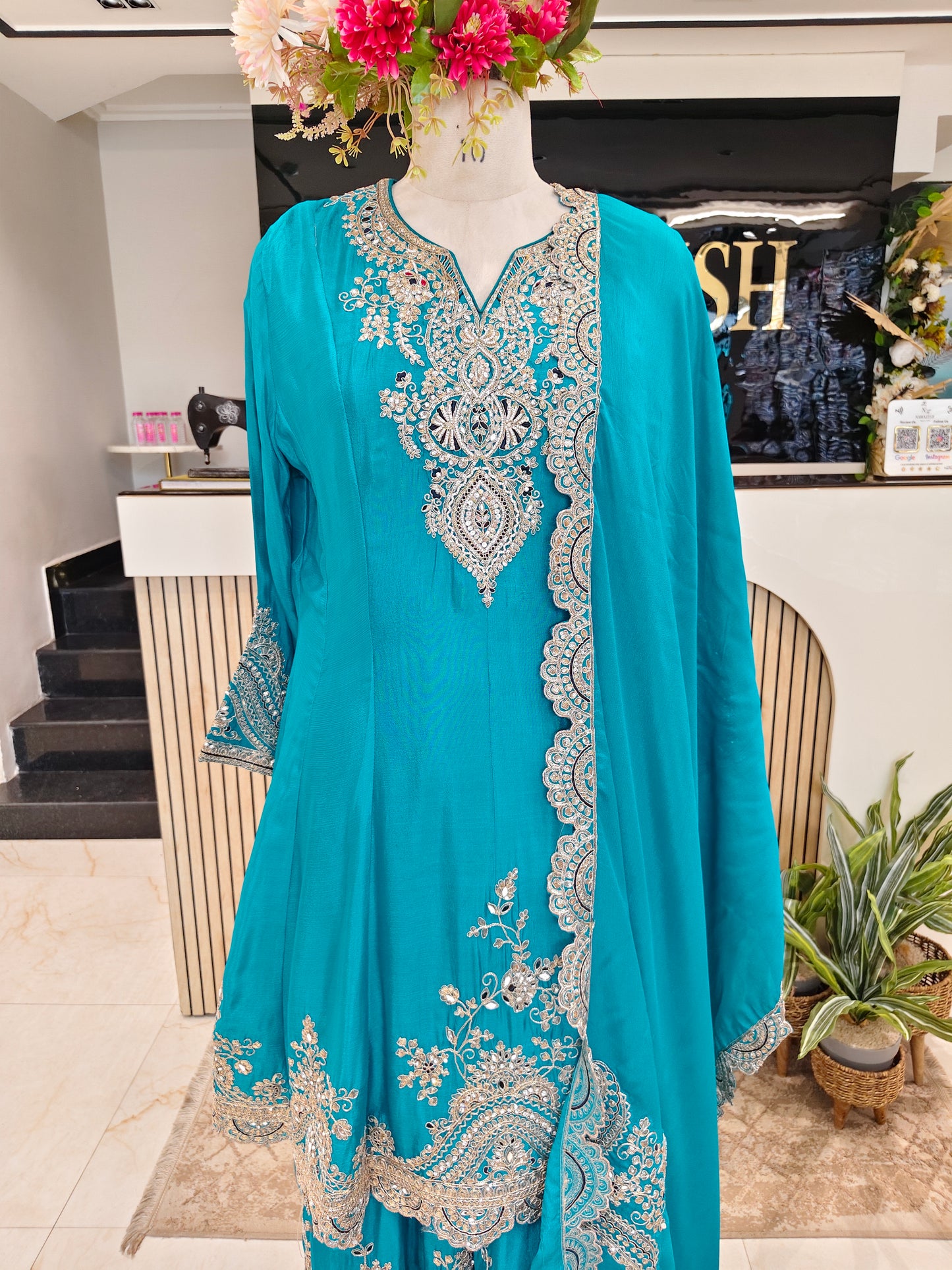 Teal Blue Chinon Sharara Set