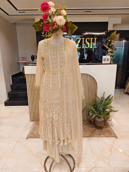 Cream Georgette Anarkali Sharara Set