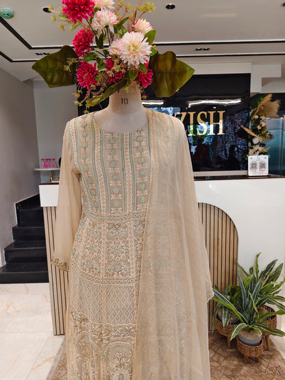 Cream Georgette Anarkali Sharara Set