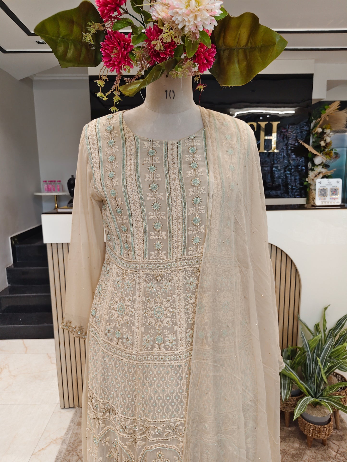 Cream Georgette Anarkali Sharara Set