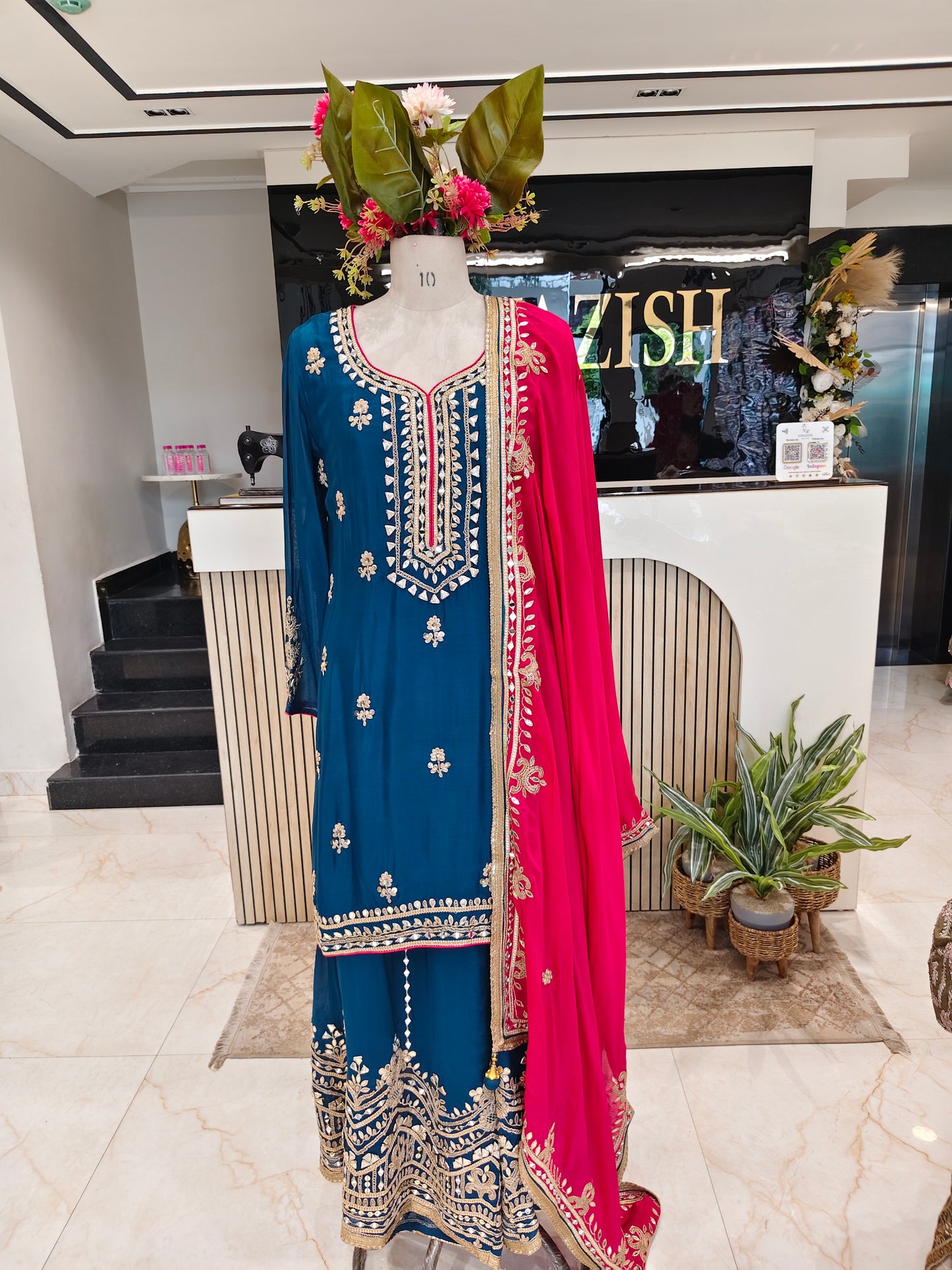 Navy Blue & Hot Pink Chinon Sharara Set