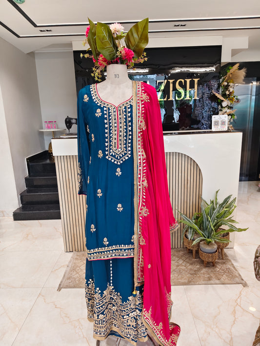 Navy Blue & Hot Pink Chinon Sharara Set