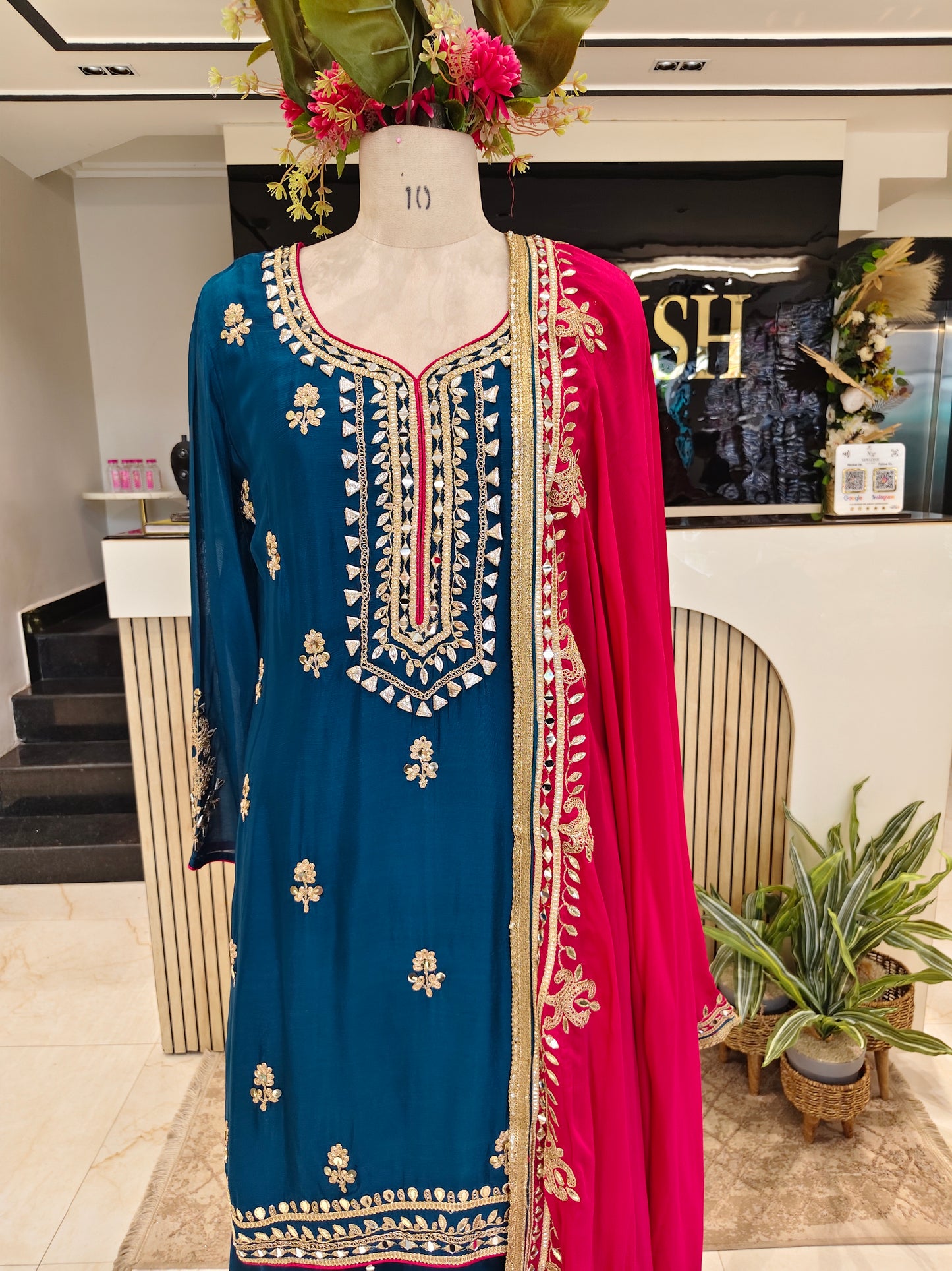 Navy Blue & Hot Pink Chinon Sharara Set