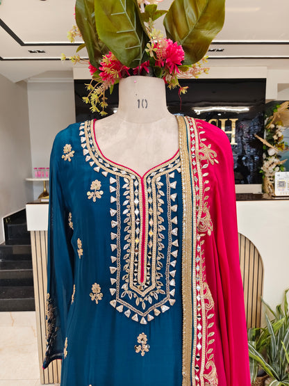 Navy Blue & Hot Pink Chinon Sharara Set