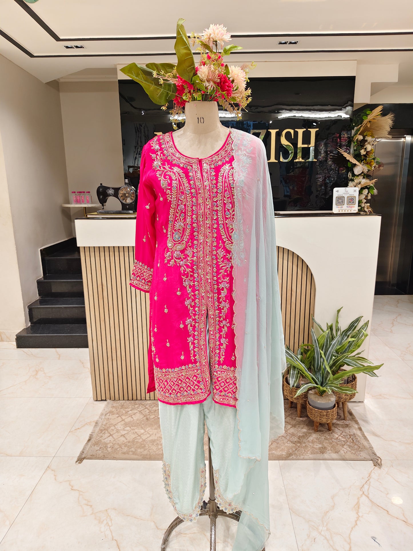 Hot Pink & Sky Blue Kurta Tulip Pant Set