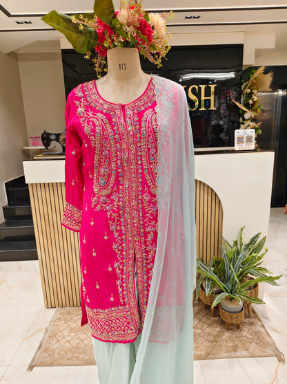 Hot Pink & Sky Blue Kurta Tulip Pant Set