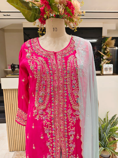 Hot Pink & Sky Blue Kurta Tulip Pant Set
