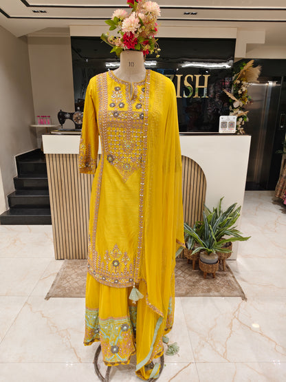 Mustard Dola Silk Sharara Set