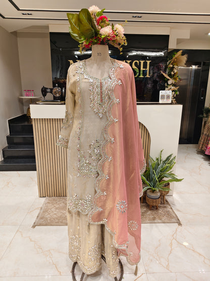 Beige Tissue Sharara Set