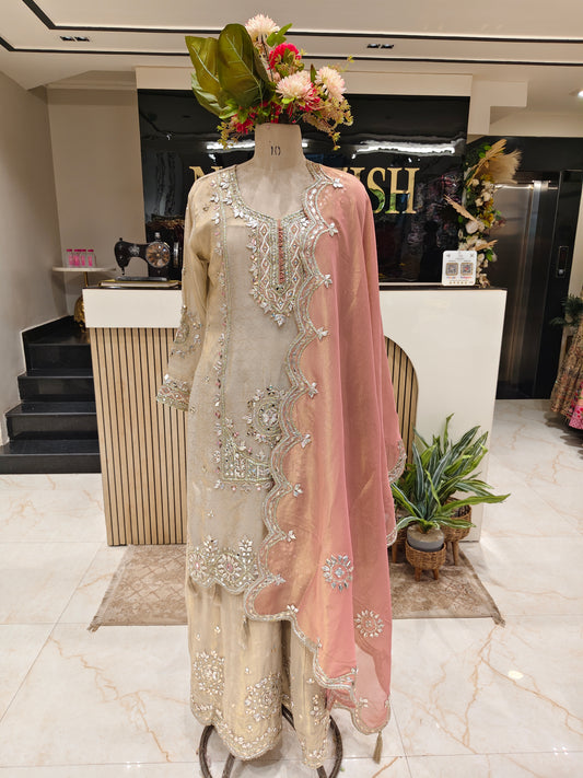 Beige Tissue Sharara Set