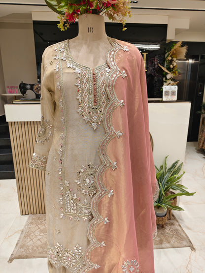 Beige Tissue Sharara Set