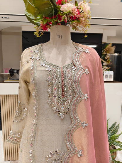 Beige Tissue Sharara Set