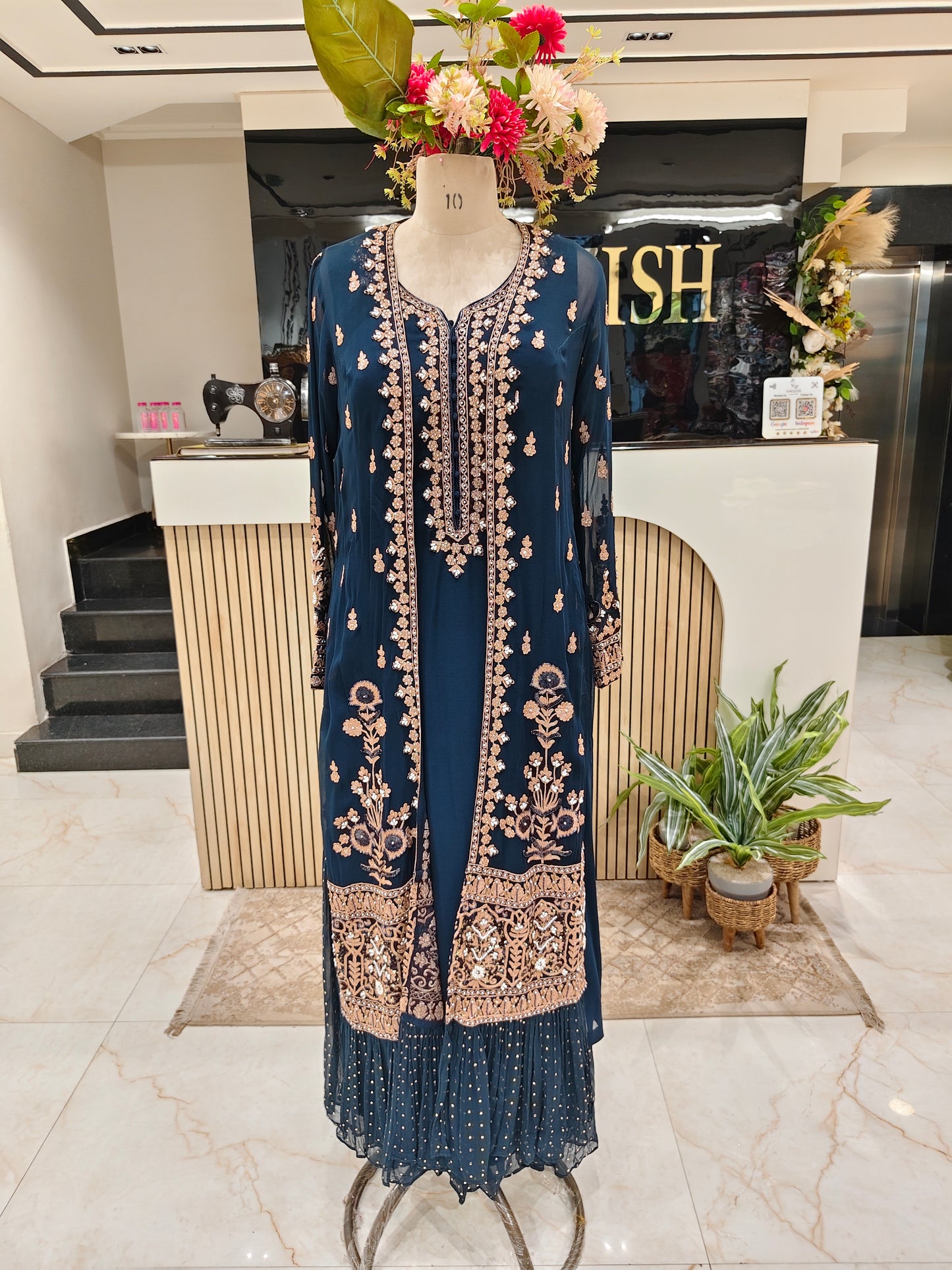 Navy Blue Georgette Anarkali Sharara Set