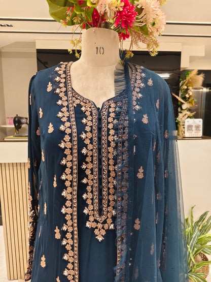 Navy Blue Georgette Anarkali Sharara Set