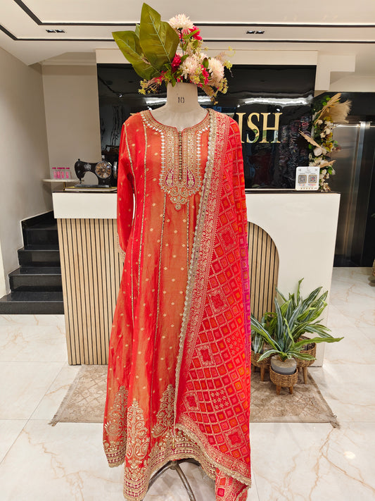 Rust Orange Tissue Anarkali