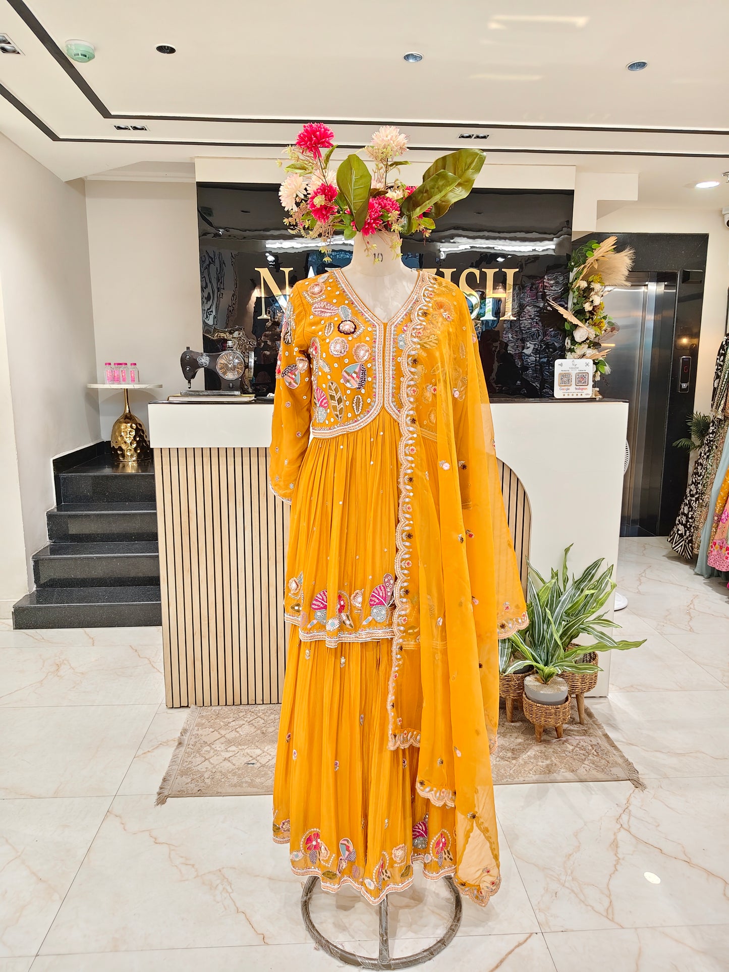 Mustard Chinon Peplum Sharara Set