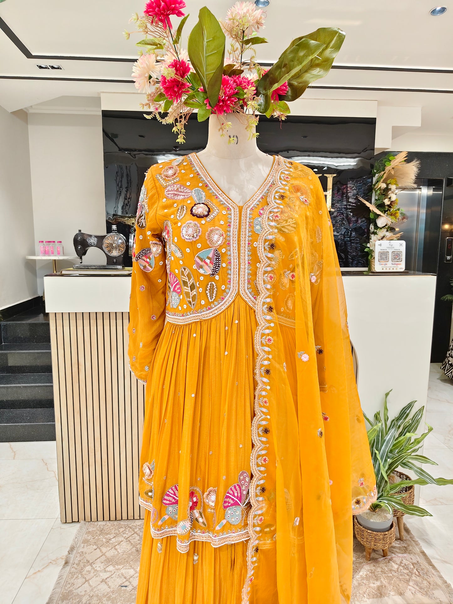 Mustard Chinon Peplum Sharara Set