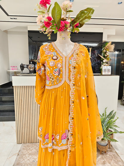 Mustard Chinon Peplum Sharara Set