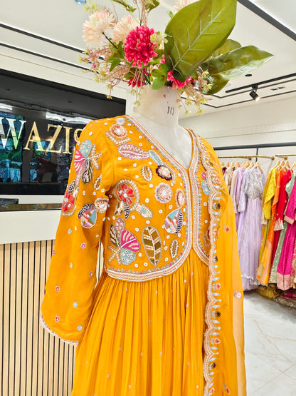 Mustard Chinon Peplum Sharara Set