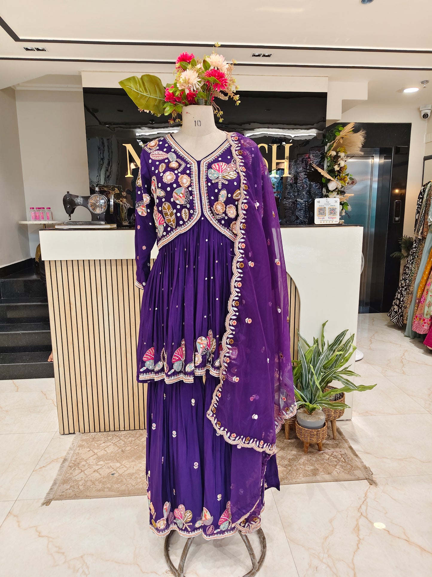 Purple Chinon Peplum Sharara Setc