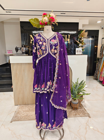 Purple Chinon Peplum Sharara Setc
