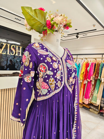 Purple Chinon Peplum Sharara Setc