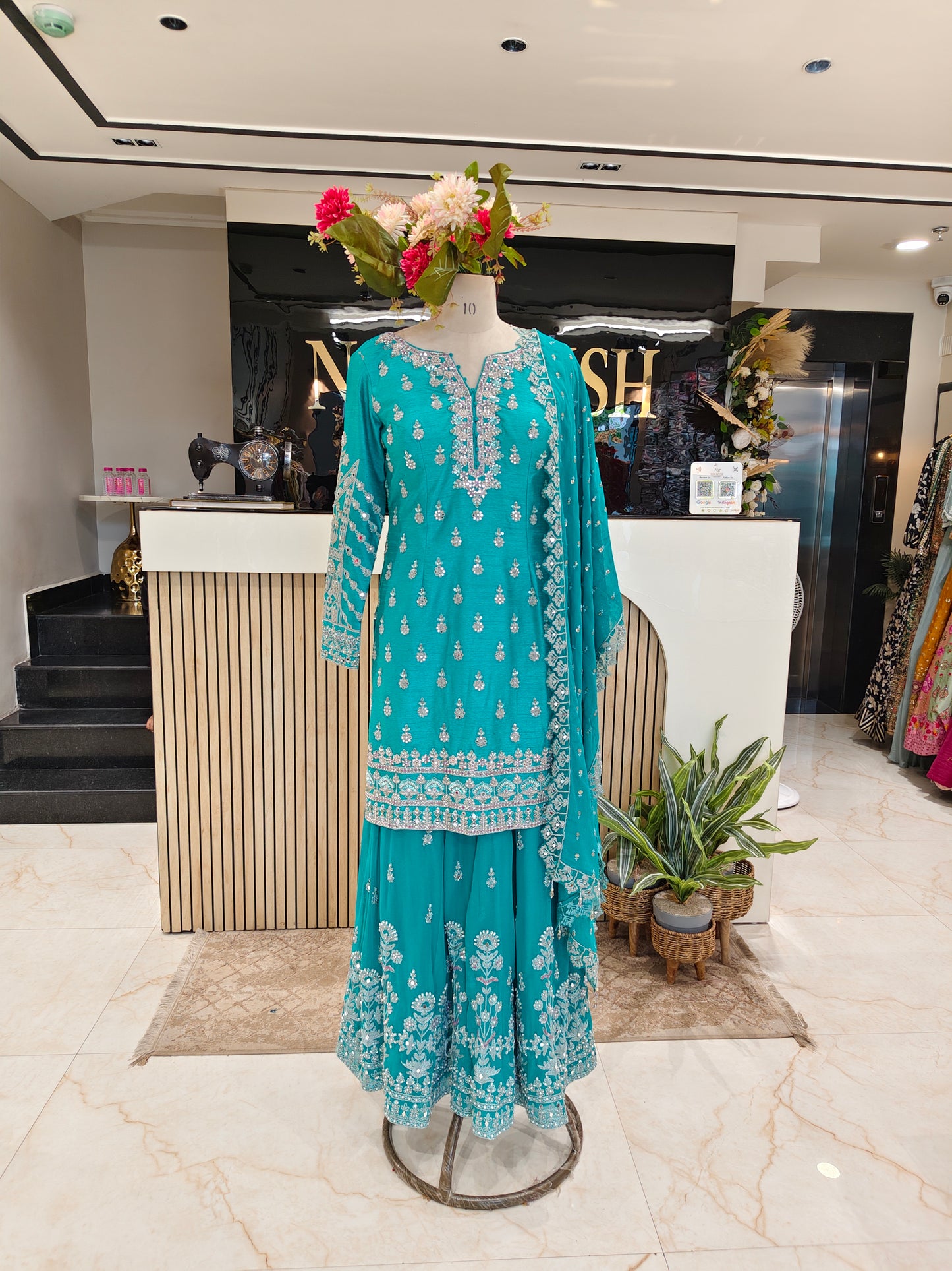 Teal Blue Silk Sharara Set