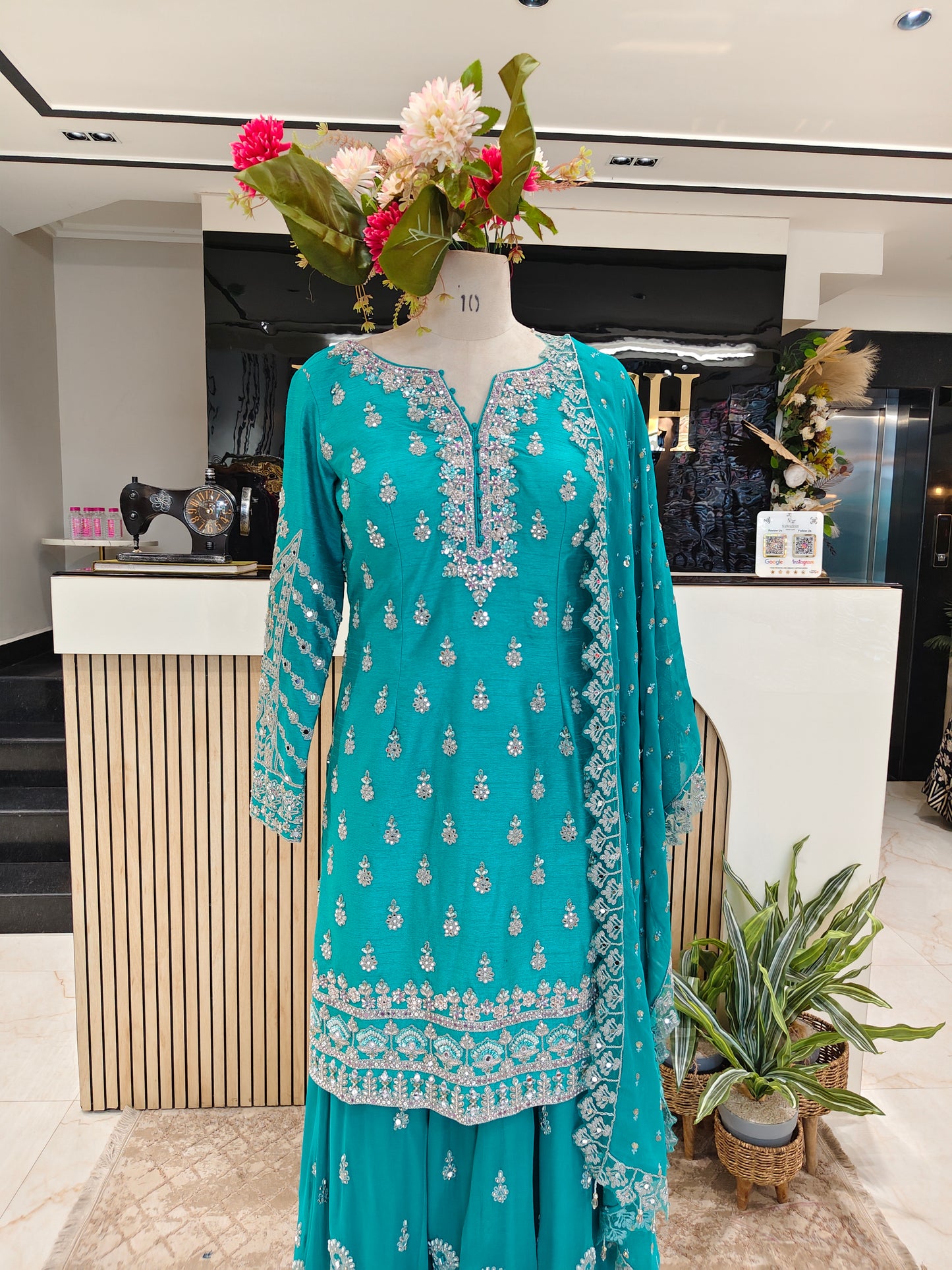 Teal Blue Silk Sharara Set