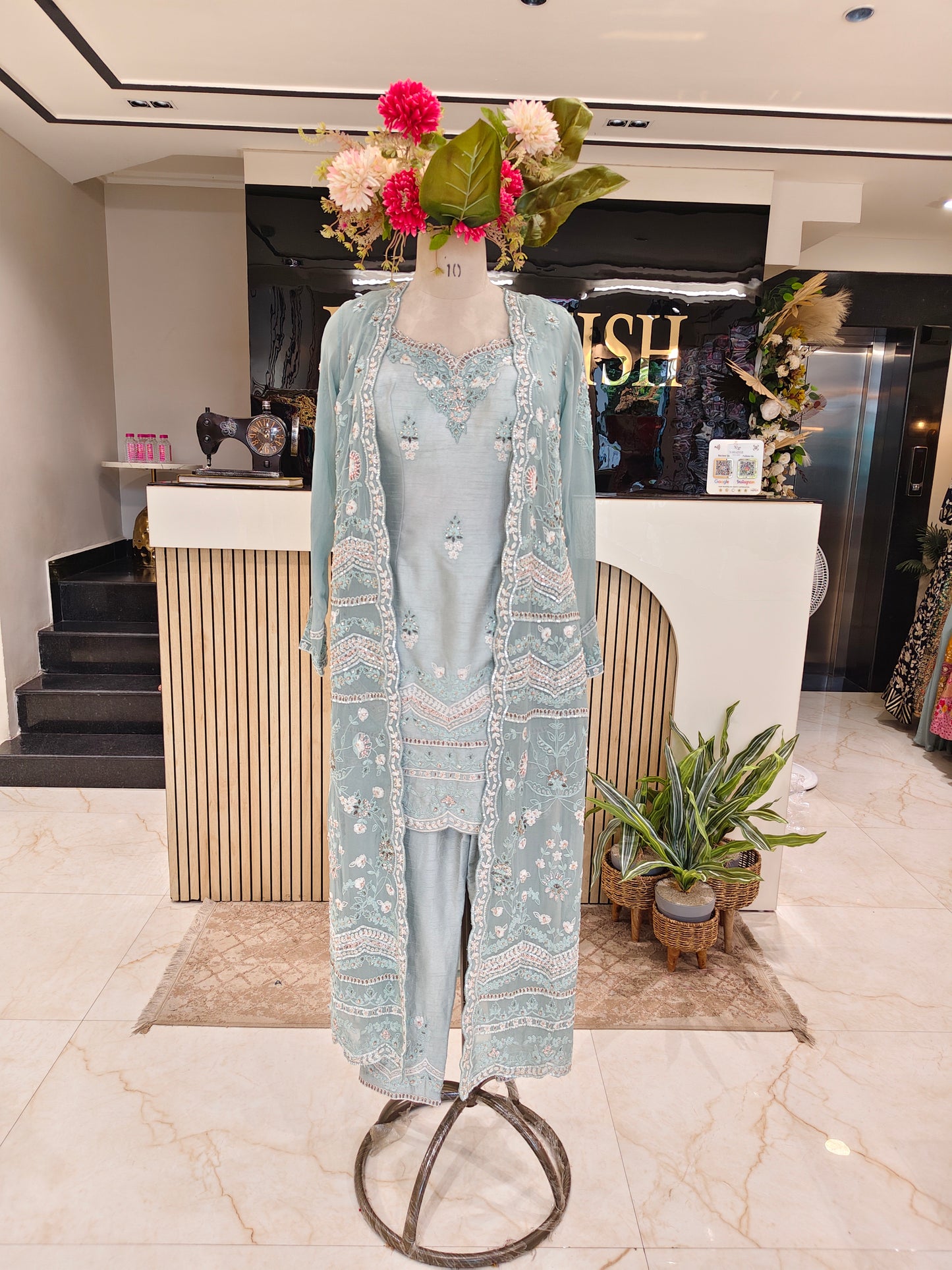 Sea Green Silk Kurta Shrug Pant Set