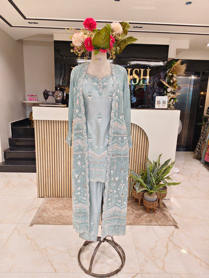 Sea Green Silk Kurta Shrug Pant Set