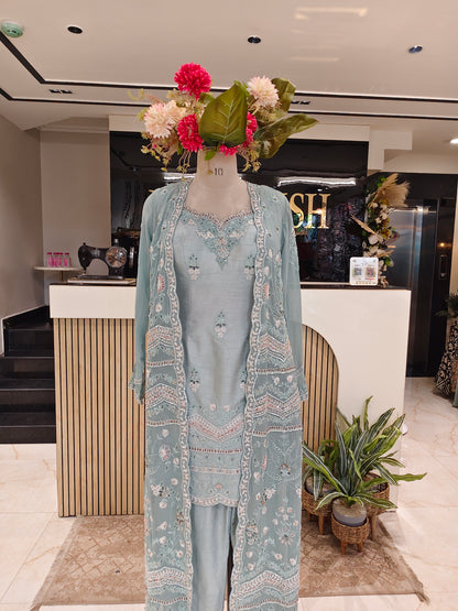 Sea Green Silk Kurta Shrug Pant Set