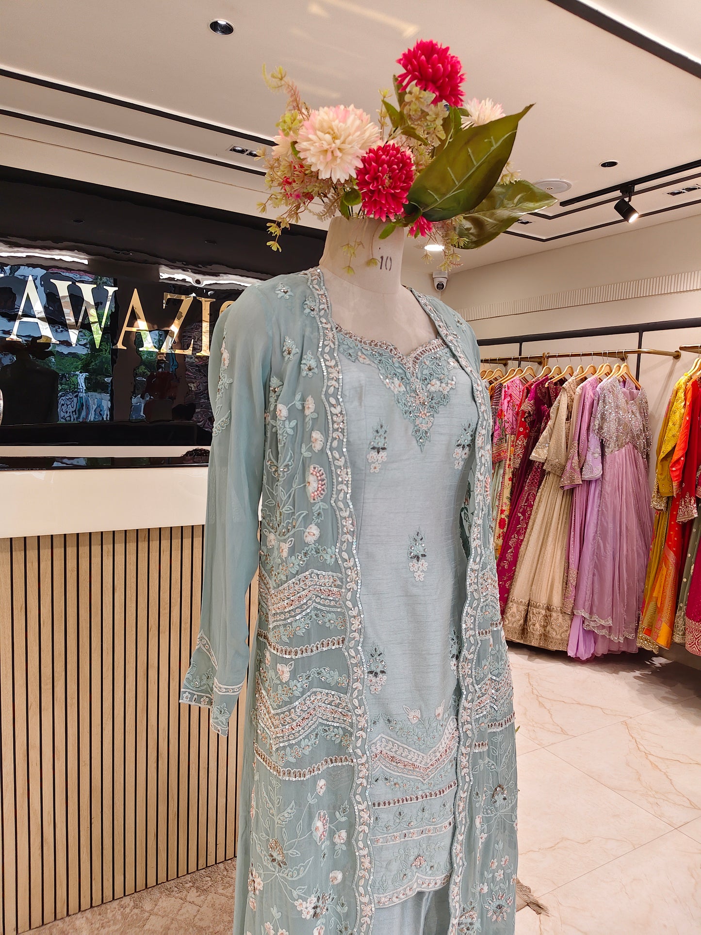 Sea Green Silk Kurta Shrug Pant Set