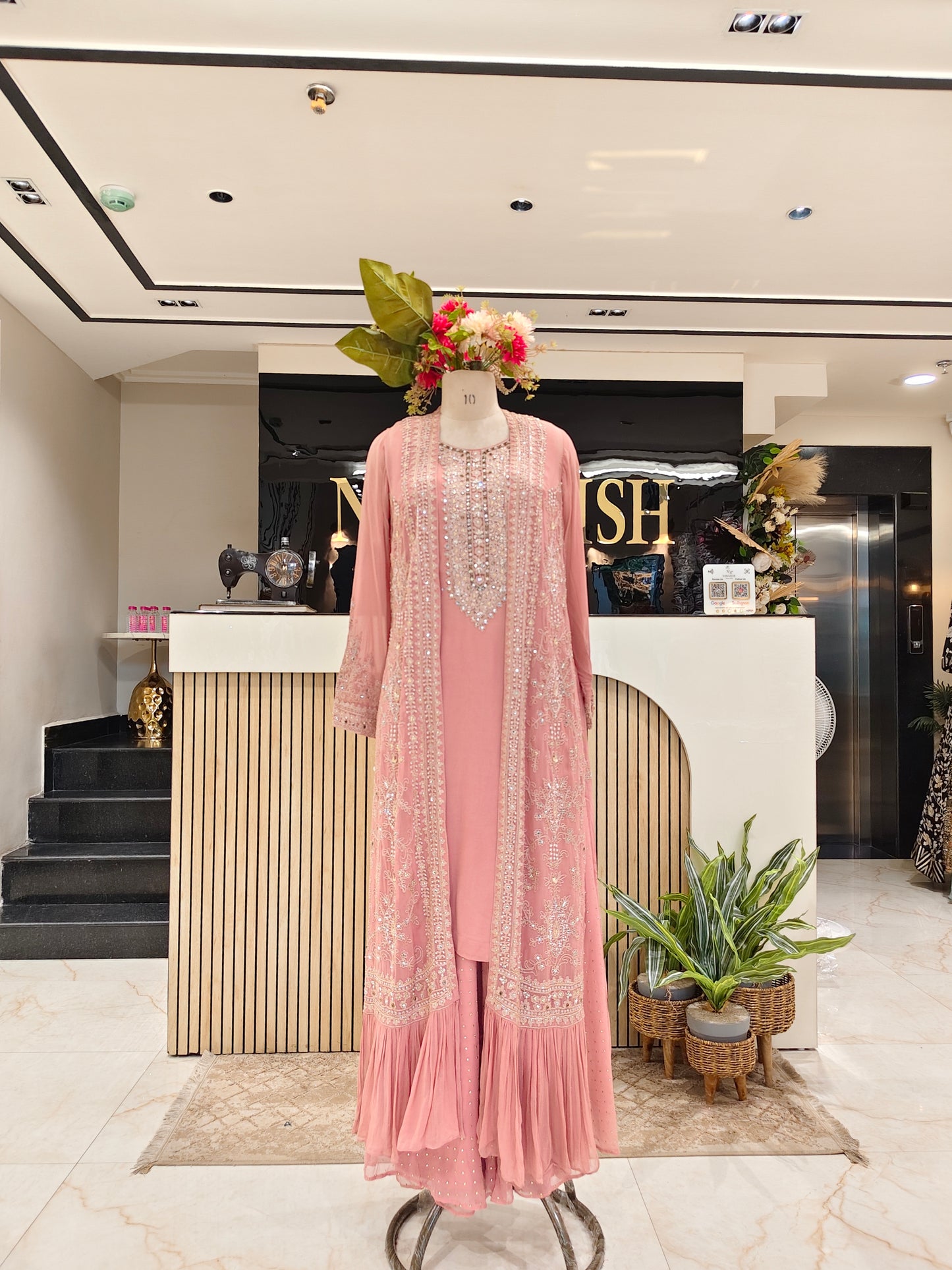 Baby Pink Georgette Anarkali Sharara Set with Shrug
