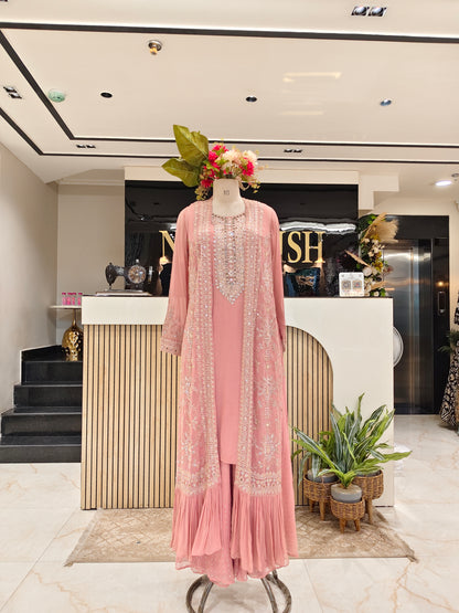 Baby Pink Georgette Anarkali Sharara Set with Shrug