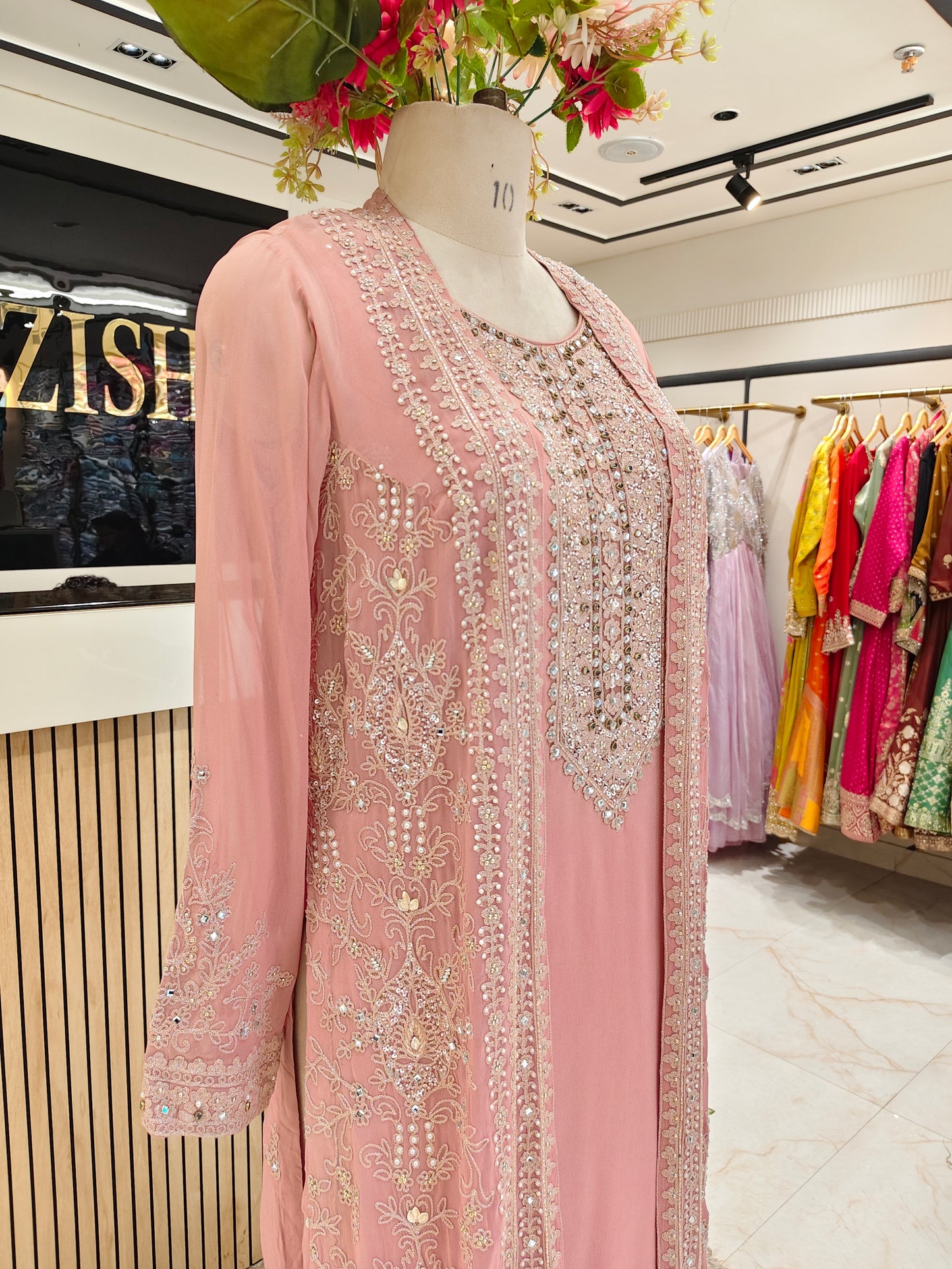 Baby Pink Georgette Anarkali Sharara Set with Shrug