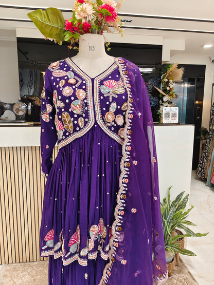 Purple Chinon Peplum Sharara Setc