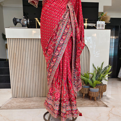Red Satin Saree