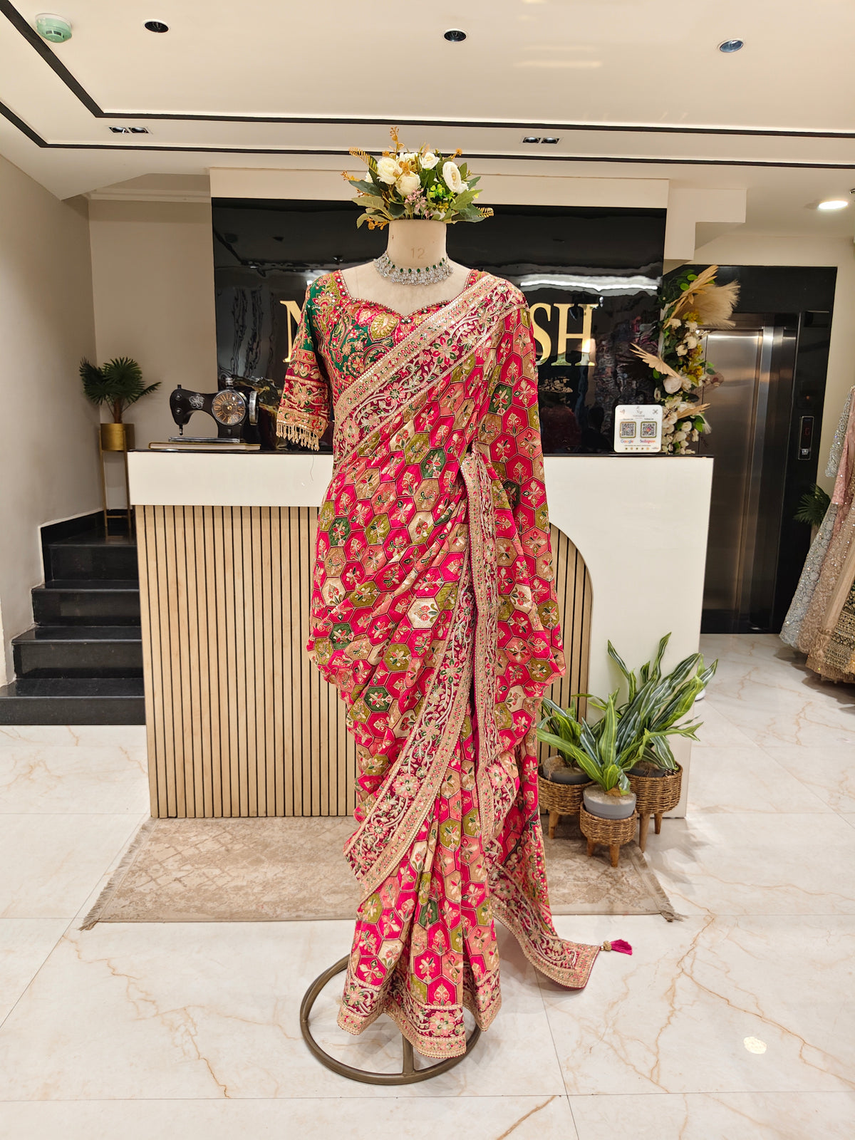 Maroon Green Satin Saree