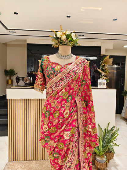 Maroon Green Satin Saree