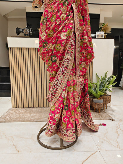 Maroon Green Satin Saree