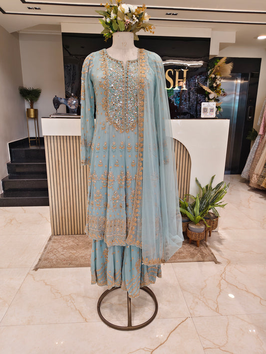 Sea Green Long Kurta Sharara Set