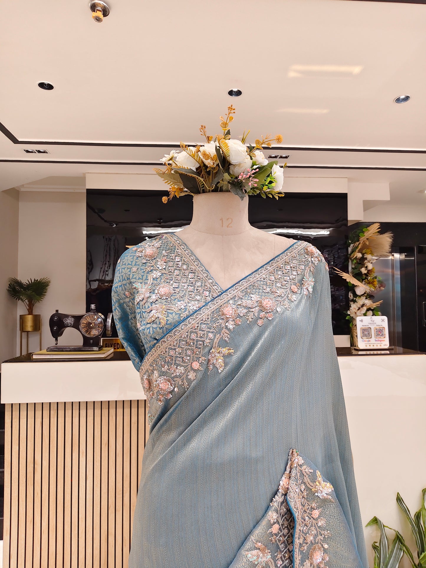 Steel Blue Jacquard Tissue Saree