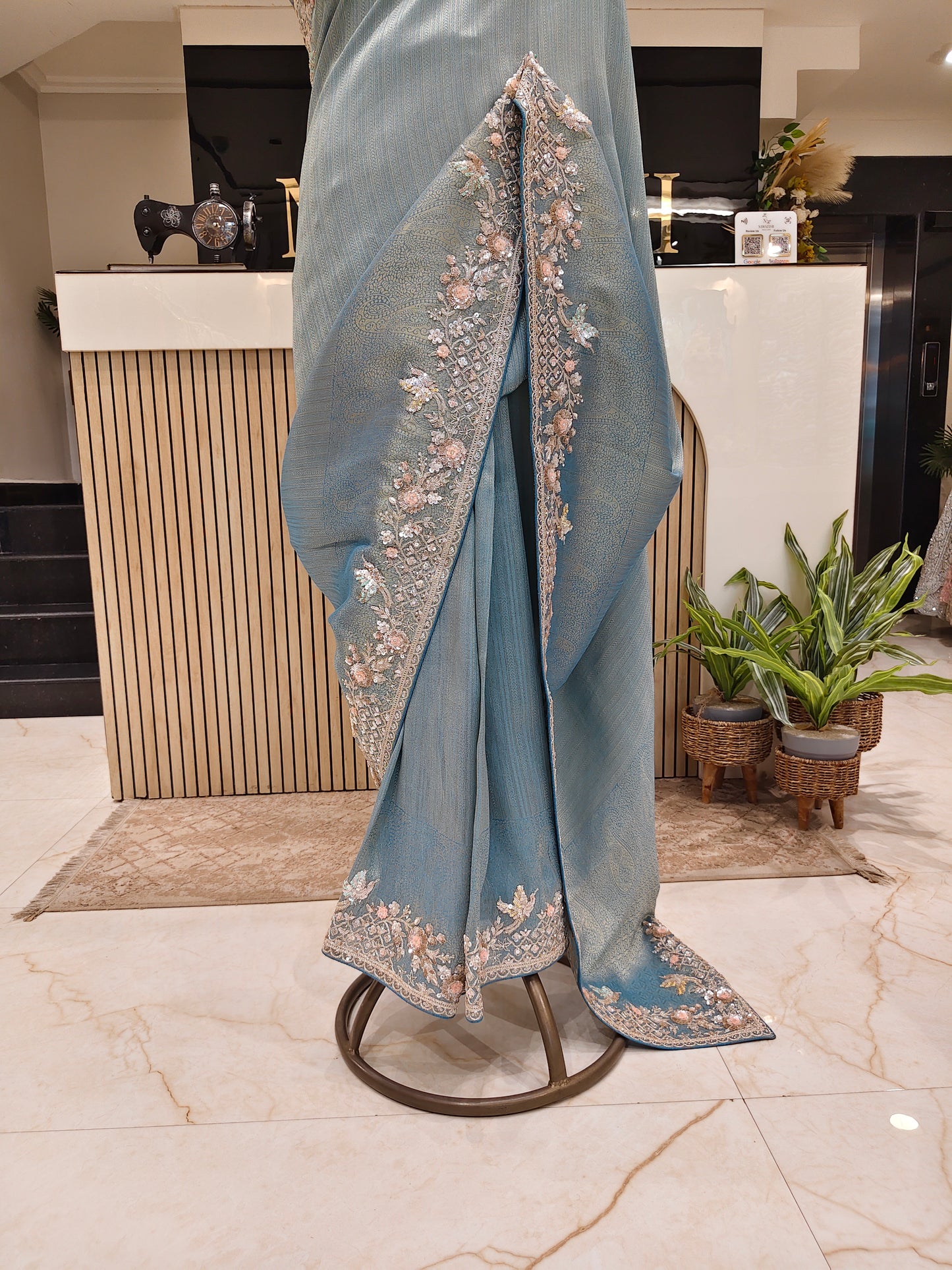 Steel Blue Jacquard Tissue Saree