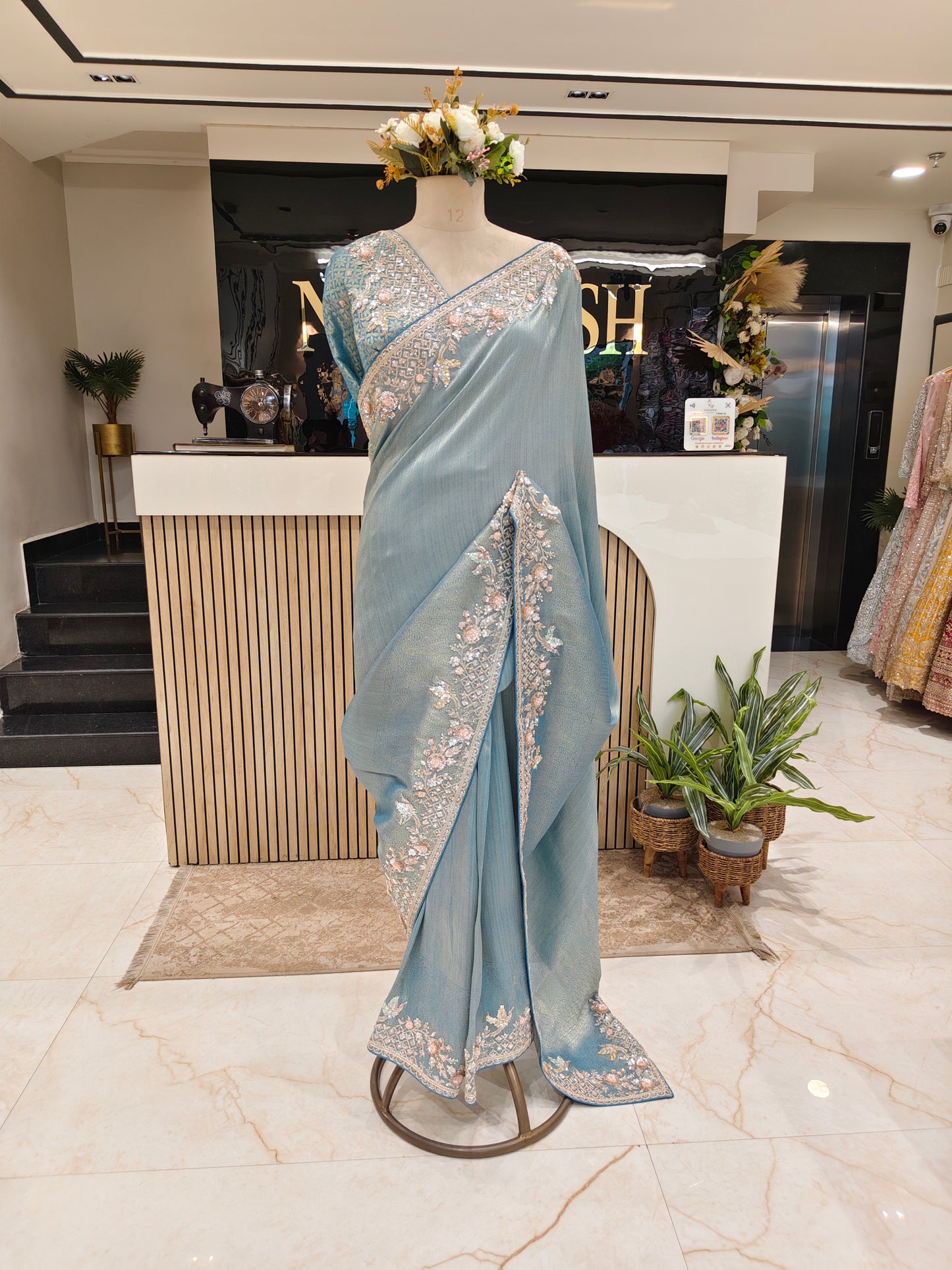 Steel Blue Jacquard Tissue Saree