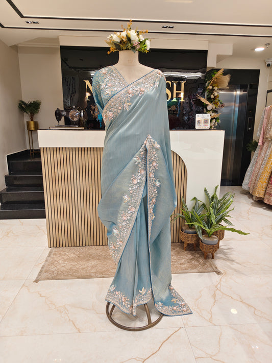 Steel Blue Jacquard Tissue Saree