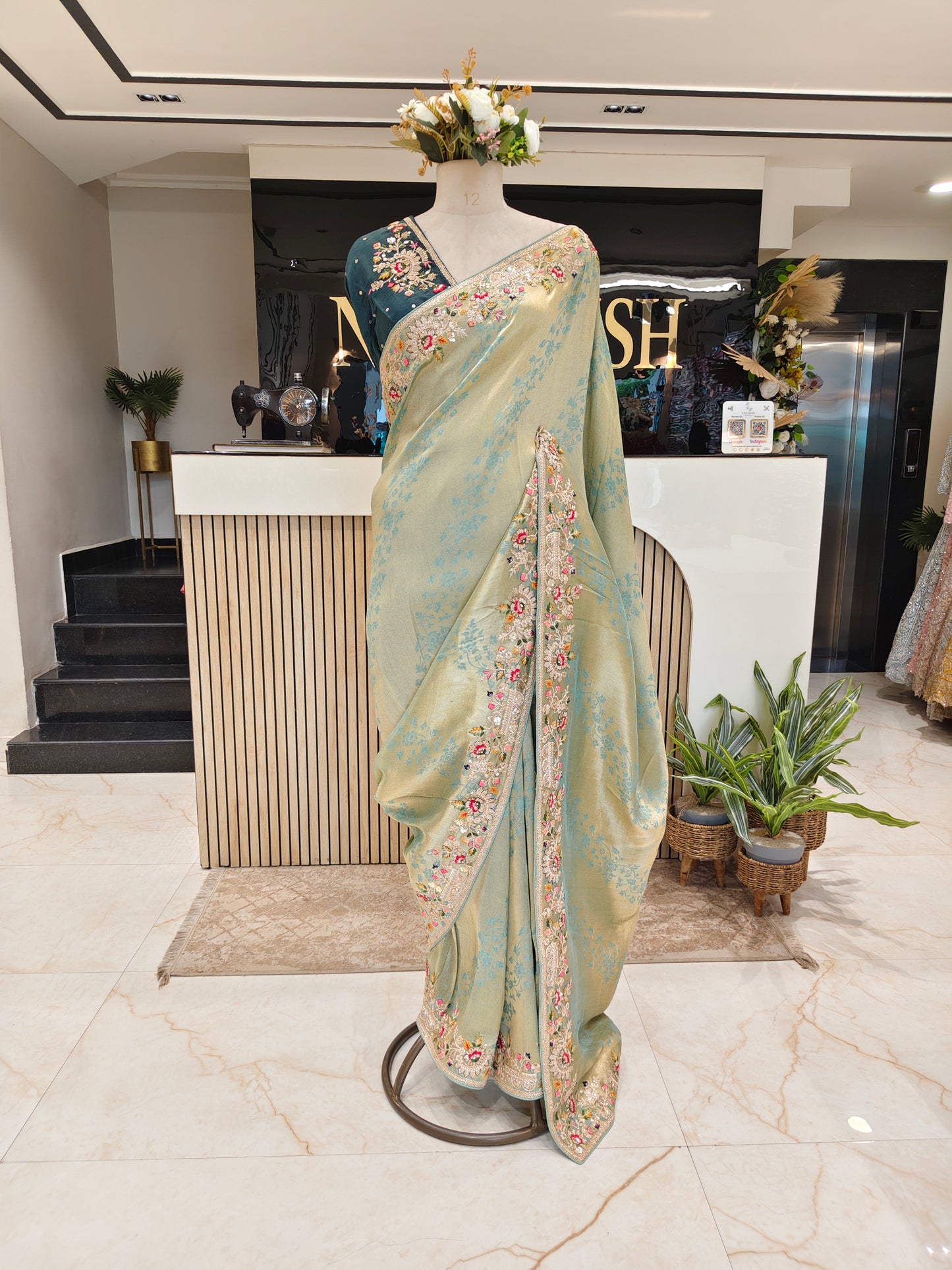 Mint Green & Blue Jacquard Tissue Saree