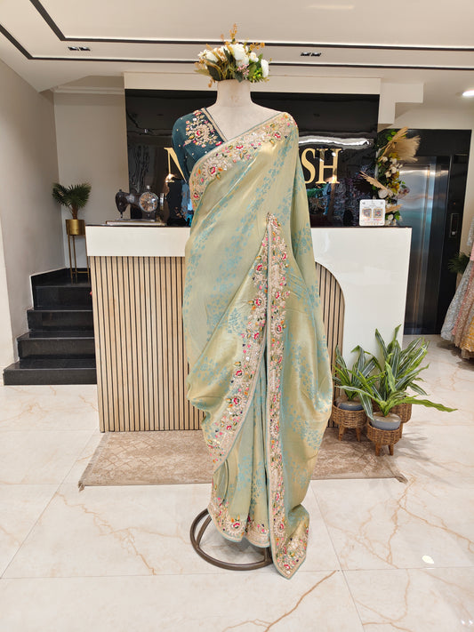 Mint Green & Blue Jacquard Tissue Saree