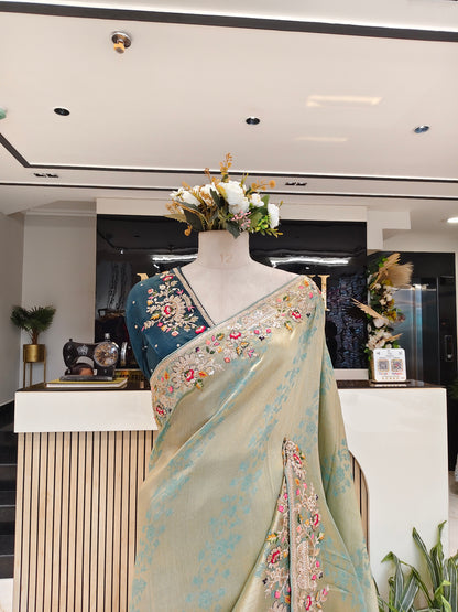Mint Green & Blue Jacquard Tissue Saree